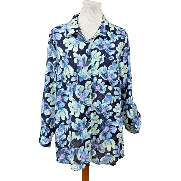 Charter Club Luxury 100% Linen Button Down Shirt Blue Floral 1X Vacation Resort - Picture 1 of 8